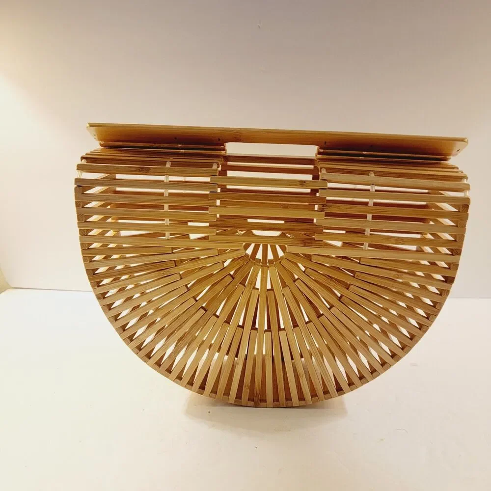 Vintage Purse Handbag Natural Bamboo Wood Half Moon Beach 11¼